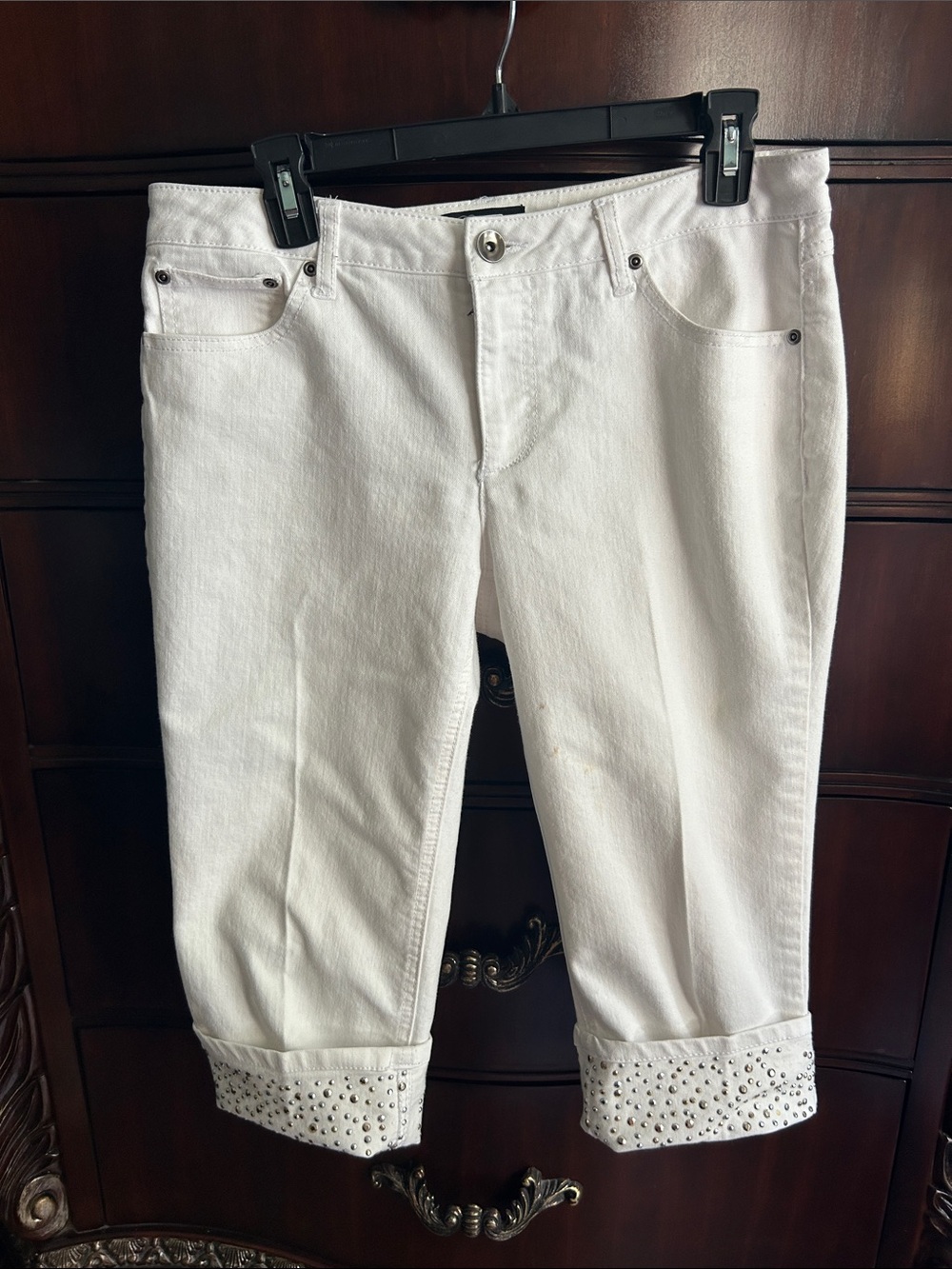 White Studded Cuff Cropped Jeans for Women